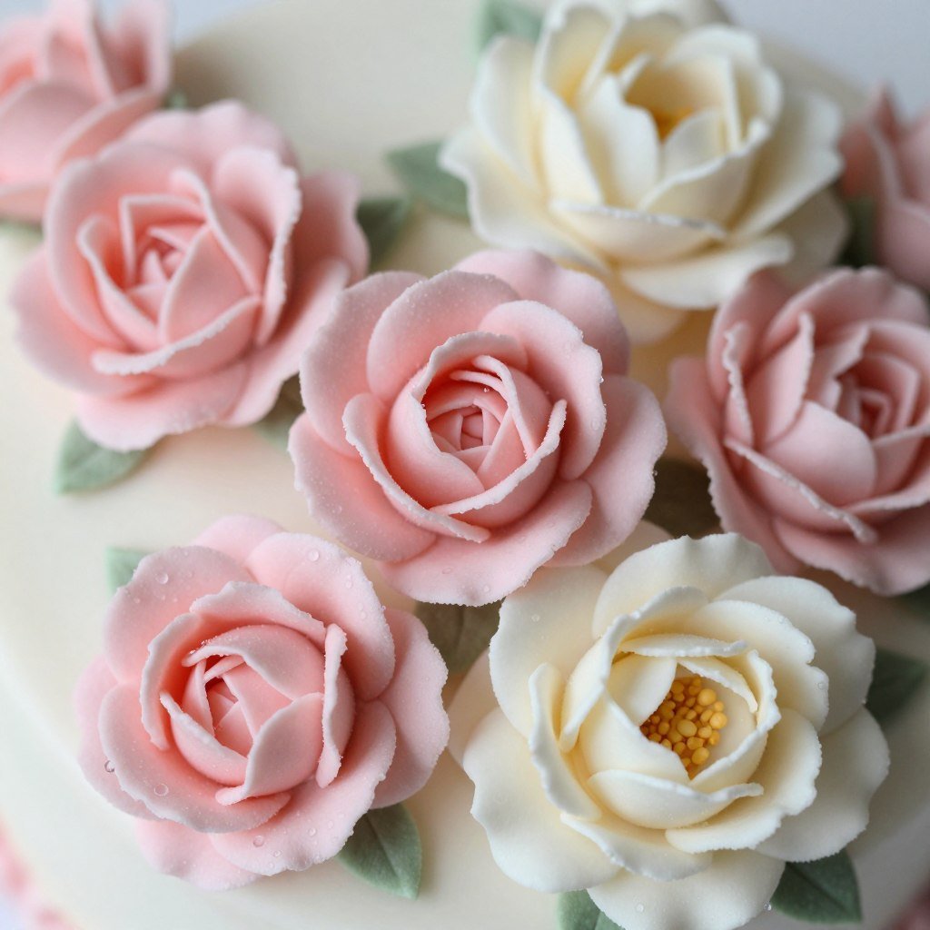 close-up of handmade sugar flowers in pink and white on fondant cake close-up of handmade sugar flowers in pink and white on fondant cake