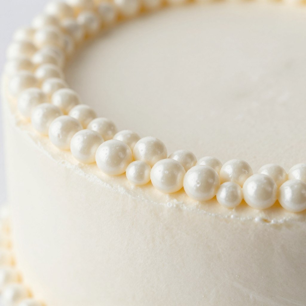close up of pearl piping detail on white coquette cake border close up of pearl piping detail on white coquette cake border