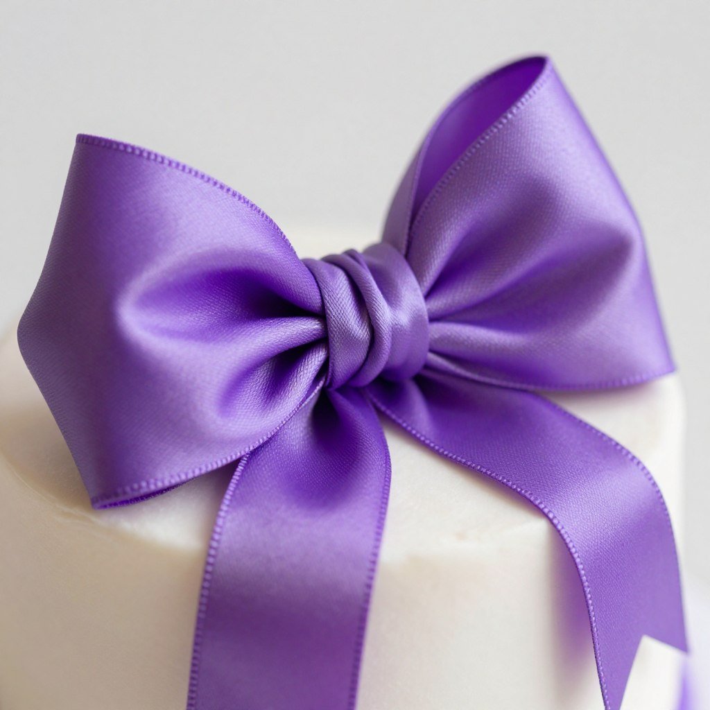 close-up of purple ribbon bow cake topper detail close-up of purple ribbon bow cake topper detail