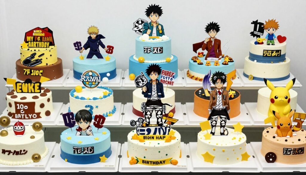 collection of different anime series birthday cakes arranged together comparison collection of different anime series birthday cakes arranged together comparison