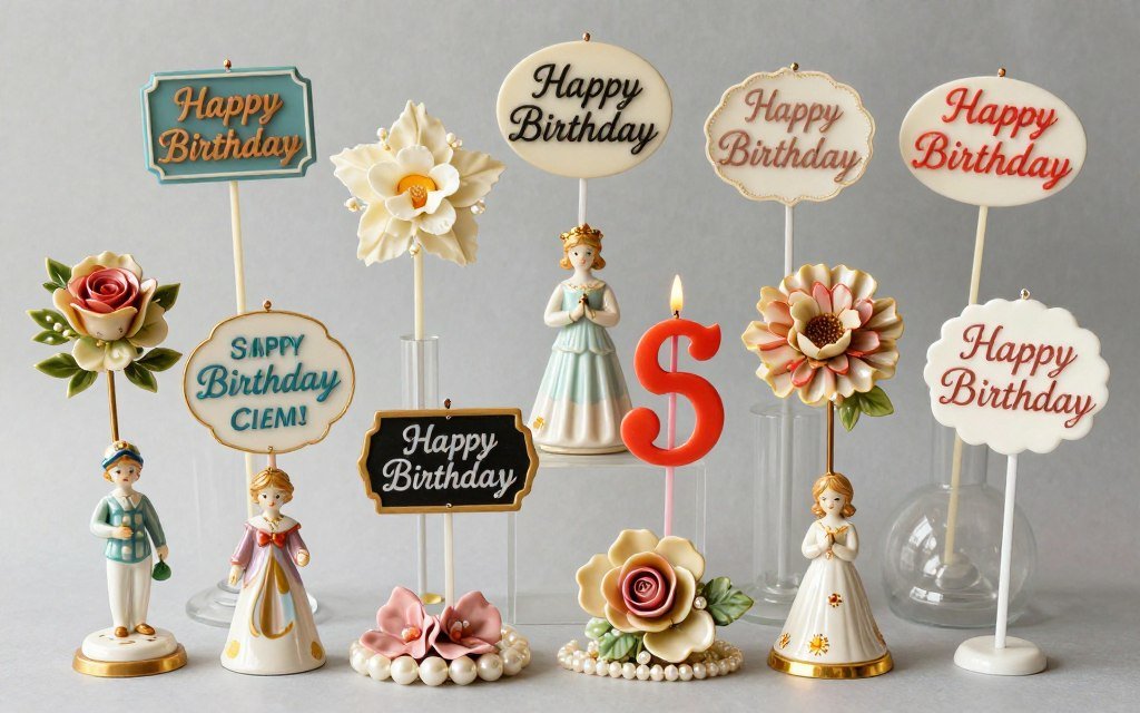 collection of vintage birthday cake toppers and decorations