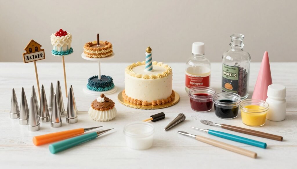 collection of vintage cake decorating supplies and tools