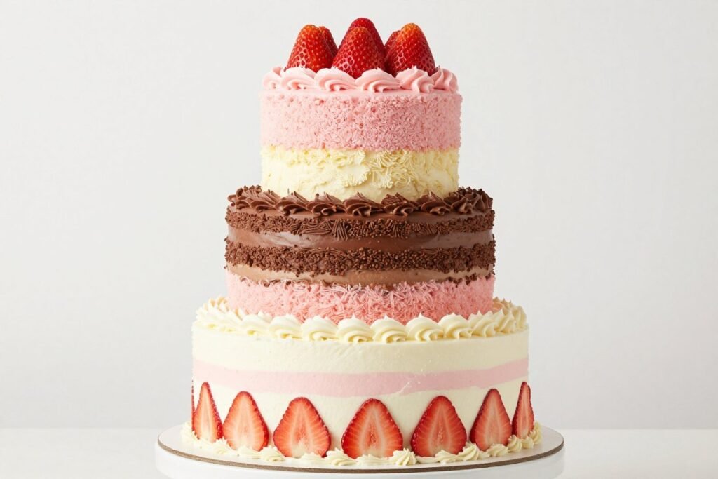 color-coded multi-tier birthday cake indicating different flavors