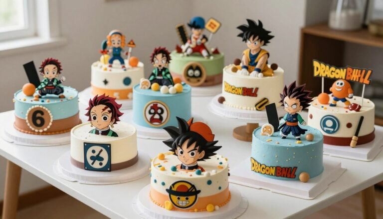 colorful birthday cake designs anime featuring popular characters from multiple series