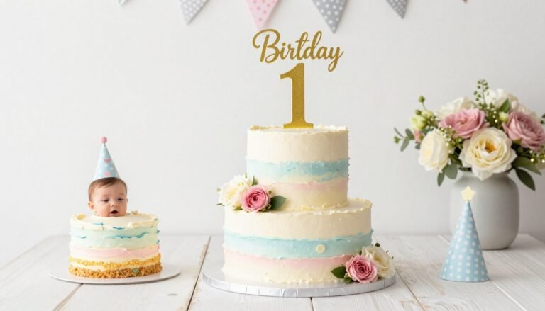 colorful first birthday cake with number one topper and smash cake setup