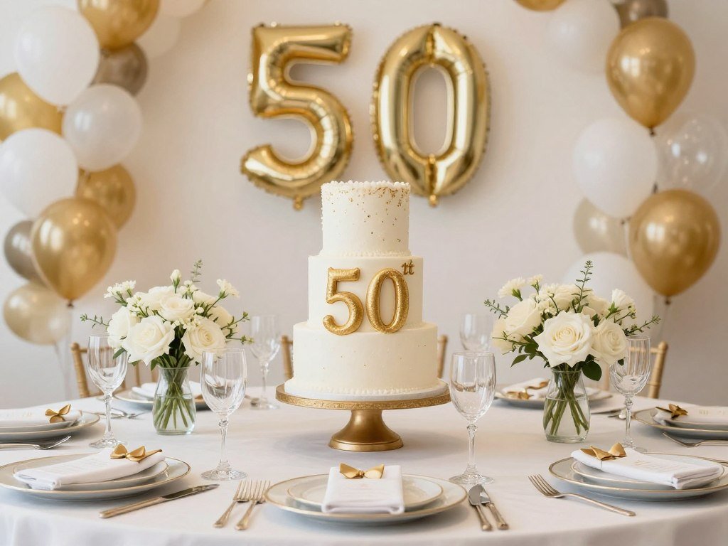 complete elegant 50th birthday party setup with cake