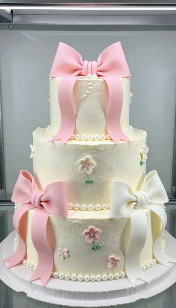 coquette aesthetic cake with multiple ribbon bows