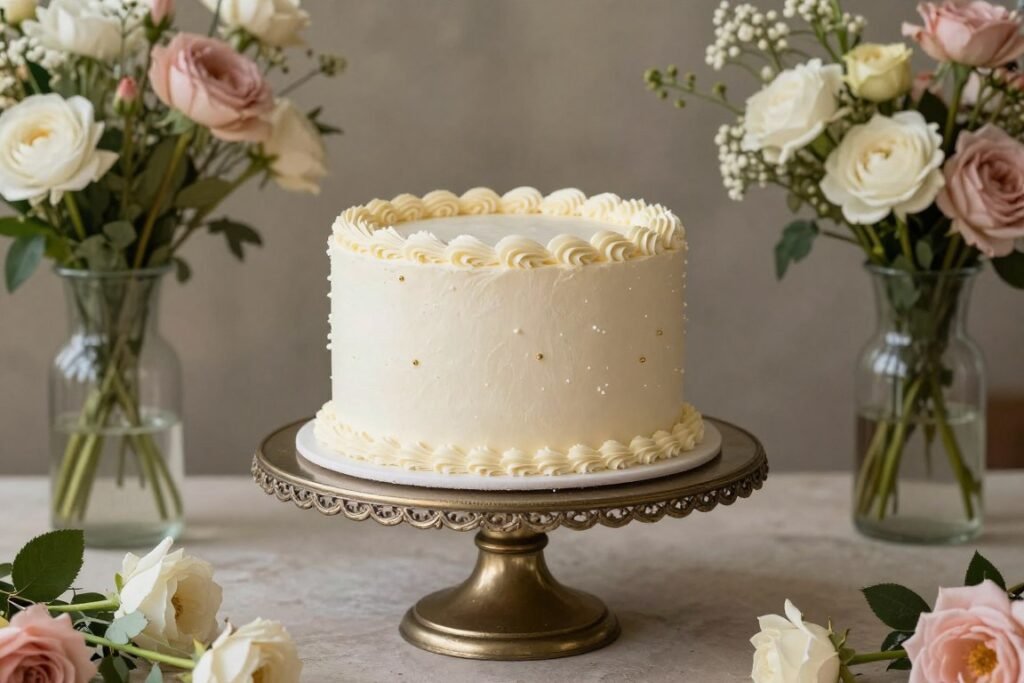coquette cake on vintage cake stand with flowers