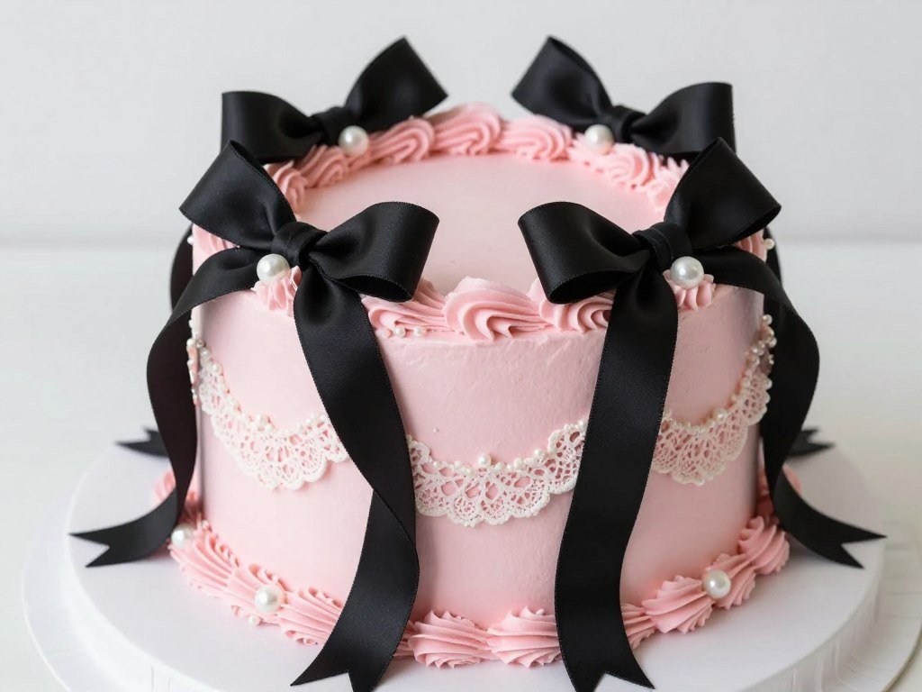 coquette cake with black bows and pink frosting details coquette cake with black bows and pink frosting details