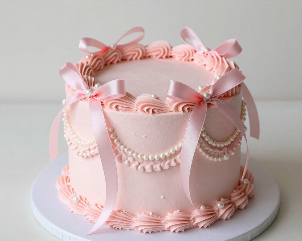 coquette cake with pearl accents and ribbon details