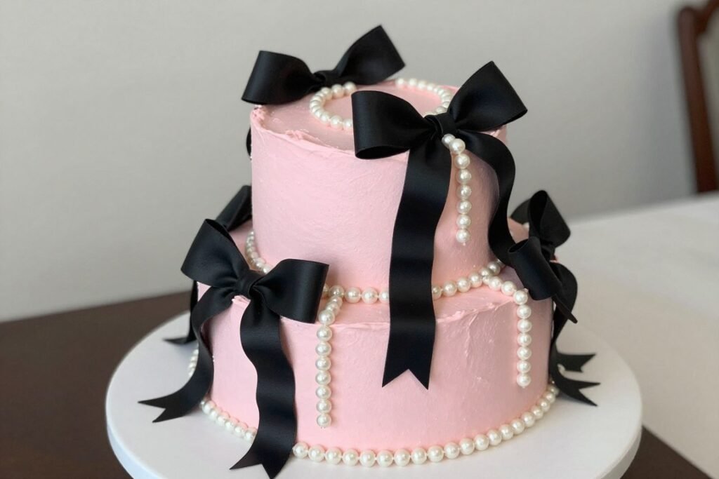 coquette cake with pearl embellishments and black bows coquette cake with pearl embellishments and black bows