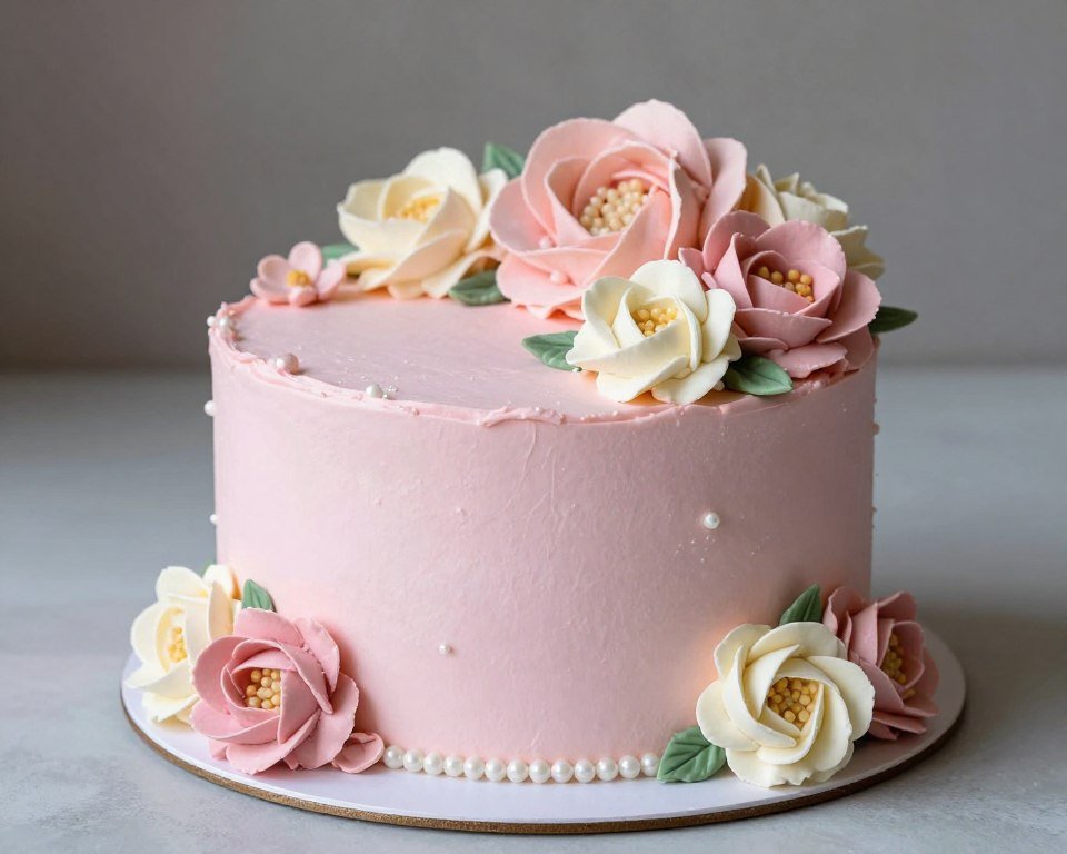 coquette pink birthday cake with buttercream flowers