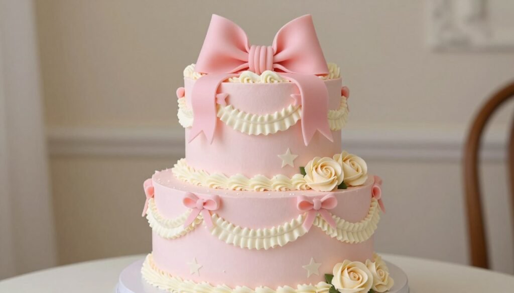 coquette pink birthday cake with multiple tiers and vintage bows