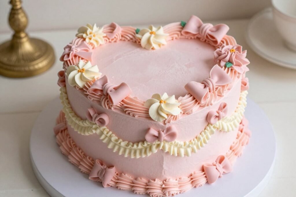 coquette pink heart cake with buttercream flowers and bows