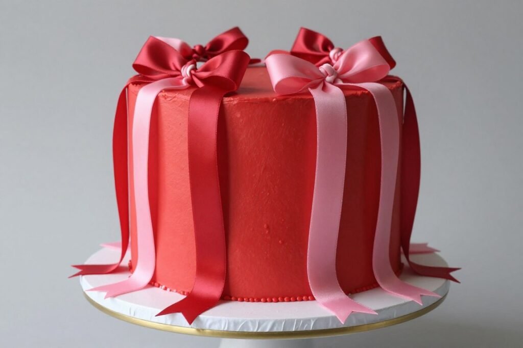 coquette red cake with cascading ribbon design coquette red cake with cascading ribbon design
