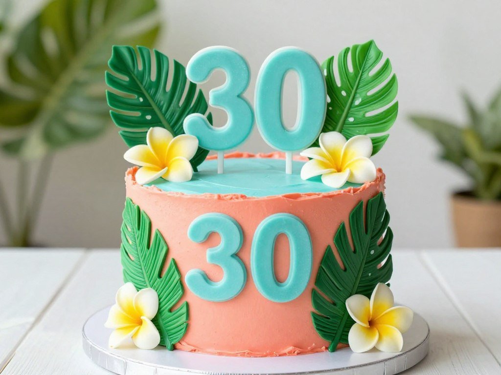 coral and turquoise tropical birthday cake with palm leaves