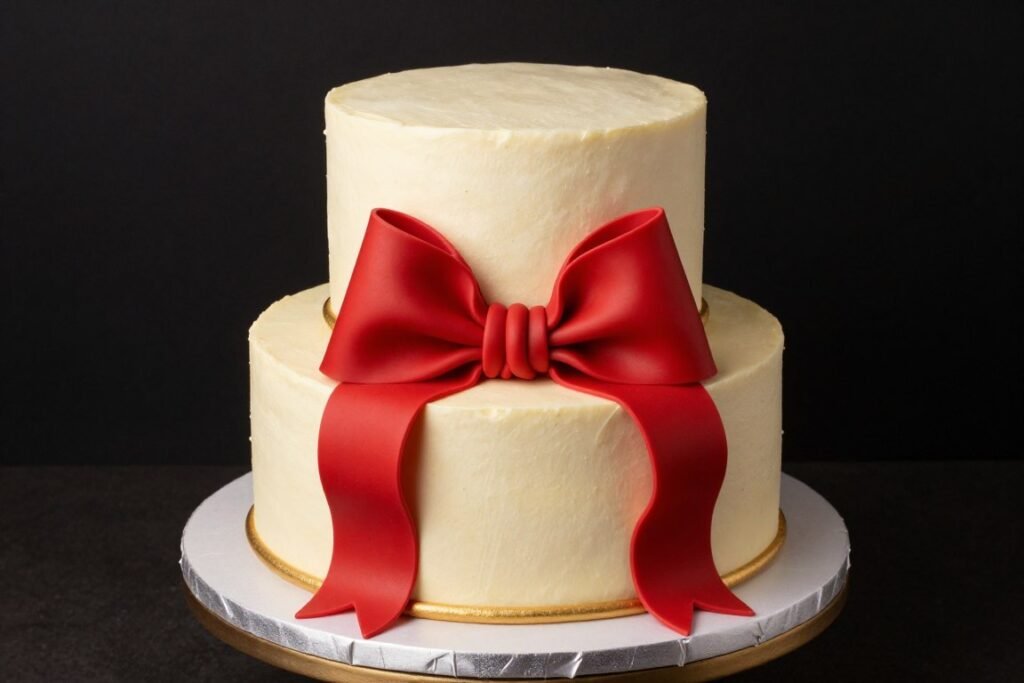 cream cake with red bow accent