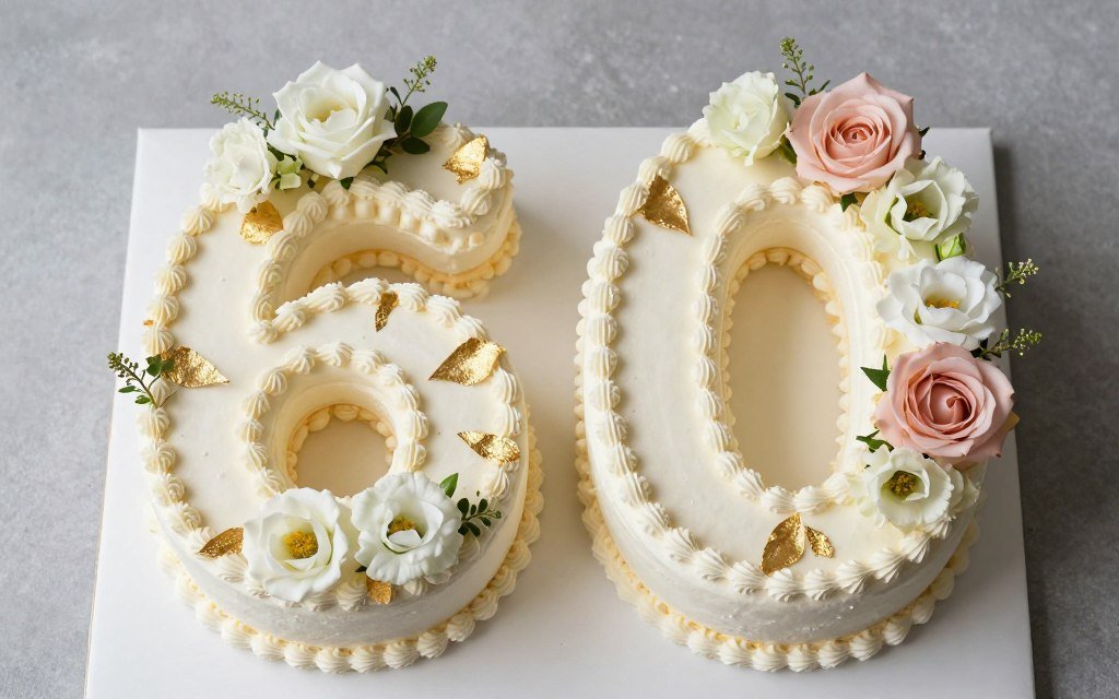 creative number 60 cake with flowers and gold details