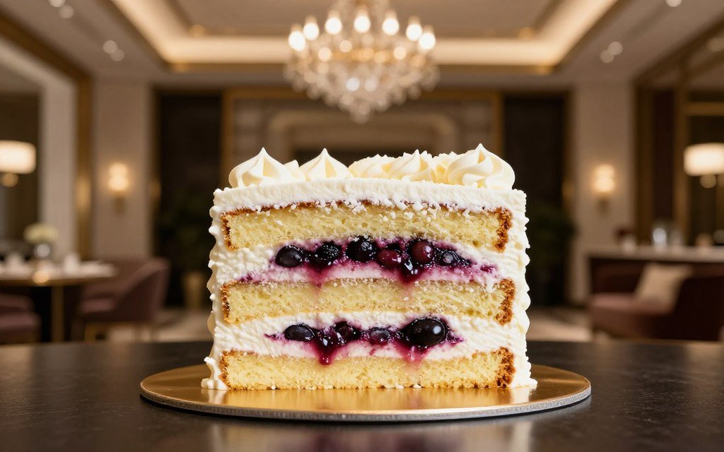 cross-section of elegant layered birthday cake showing flavors