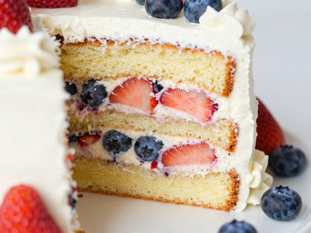 cross-section of fruit-filled layer cake showing colorful berries