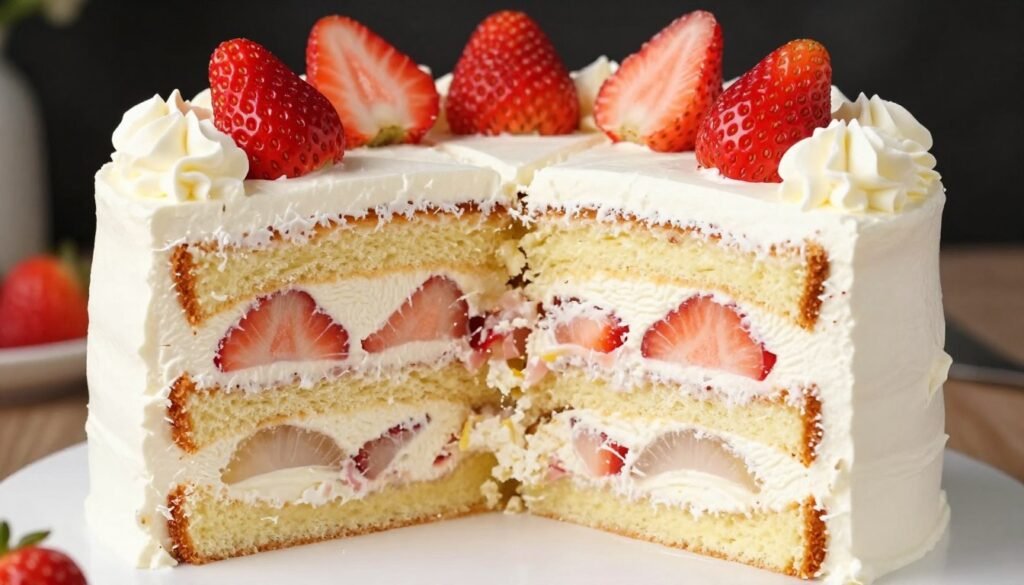 cross section of square birthday cake showing vanilla sponge layers with cream cross section of square birthday cake showing vanilla sponge layers with cream