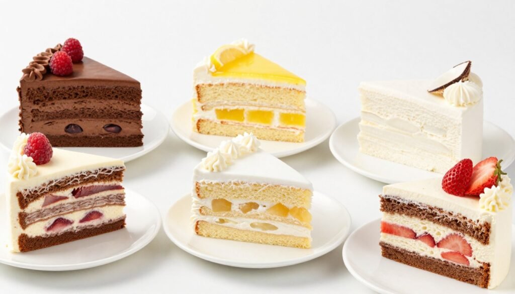 cross-sections of different flavored birthday cakes showing layers and fillings cross-sections of different flavored birthday cakes showing layers and fillings