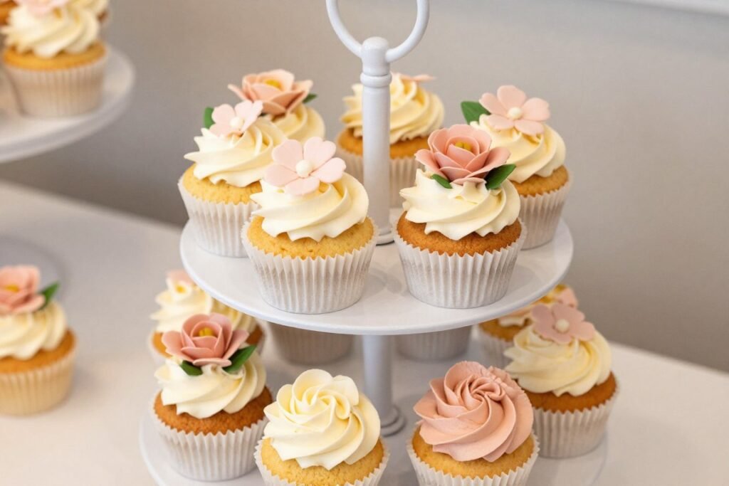 cupcake tier stand with flower-topped cupcakes cupcake tier stand with flower-topped cupcakes