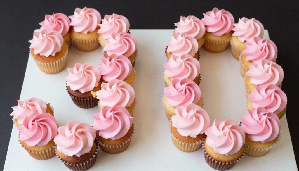 cupcakes arranged in number 30 shape with coordinated frosting