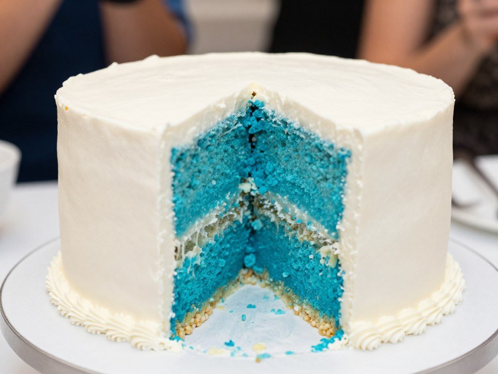 cut minimalist gender reveal cake showing blue interior