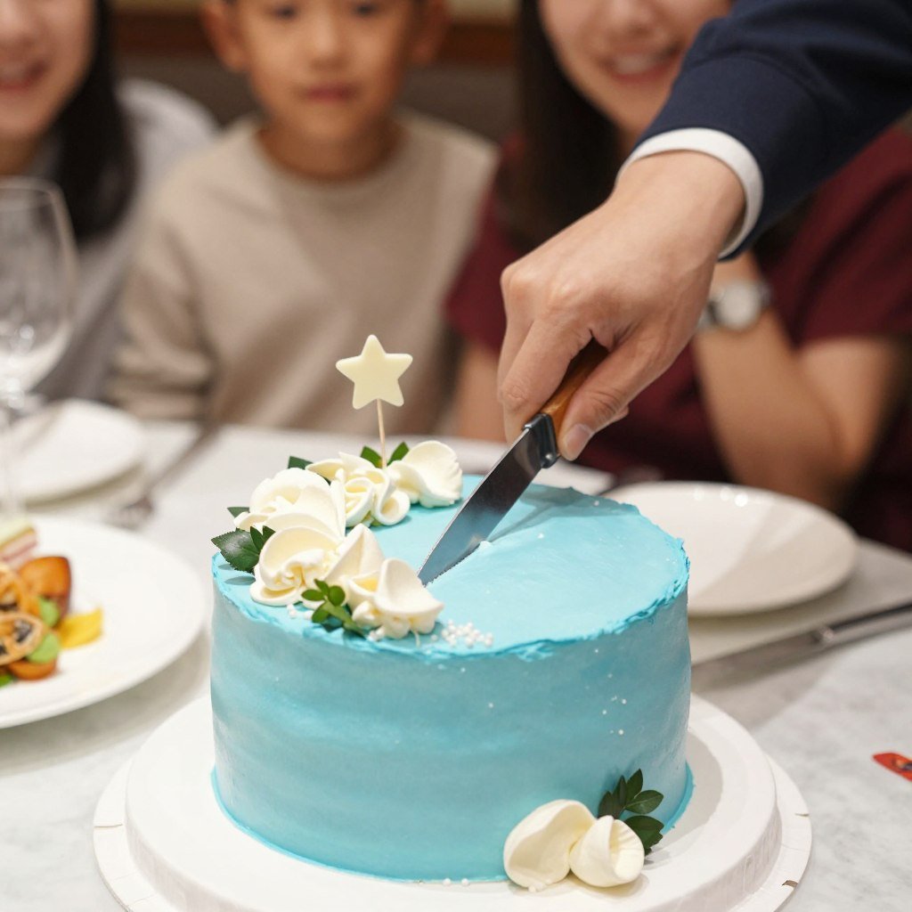 cutting blue birthday cake moment cutting blue birthday cake moment