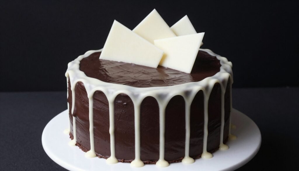 dark chocolate drip cake with white chocolate contrast decorations