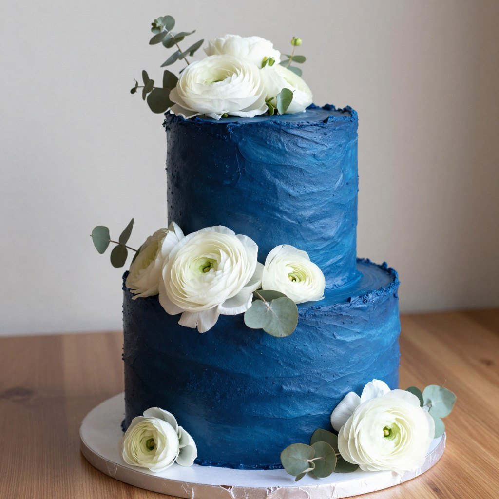 deep blue cake with white floral accents deep blue cake with white floral accents