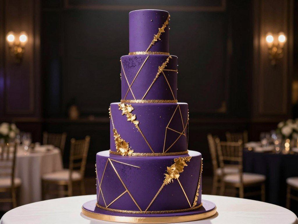 deep purple birthday cake with gold accents