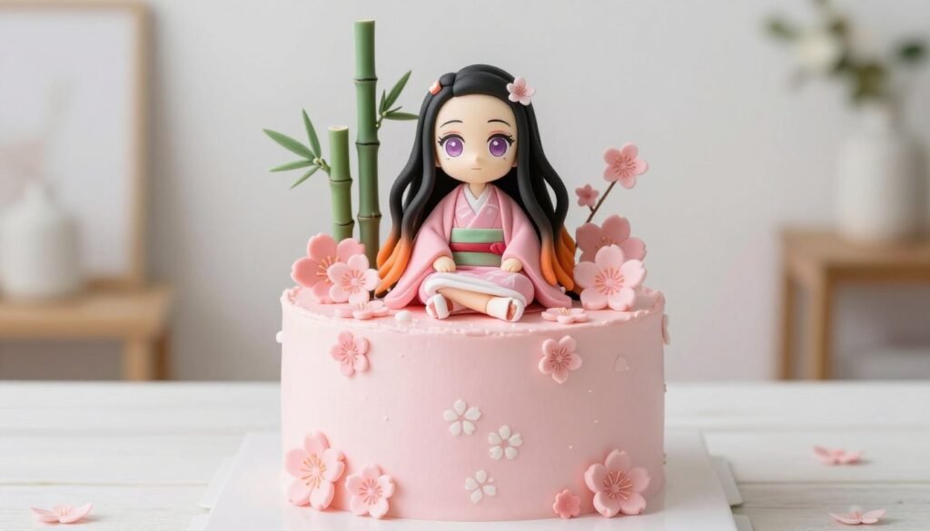 demon slayer nezuko pink bamboo birthday cake design with cherry blossoms demon slayer nezuko pink bamboo birthday cake design with cherry blossoms