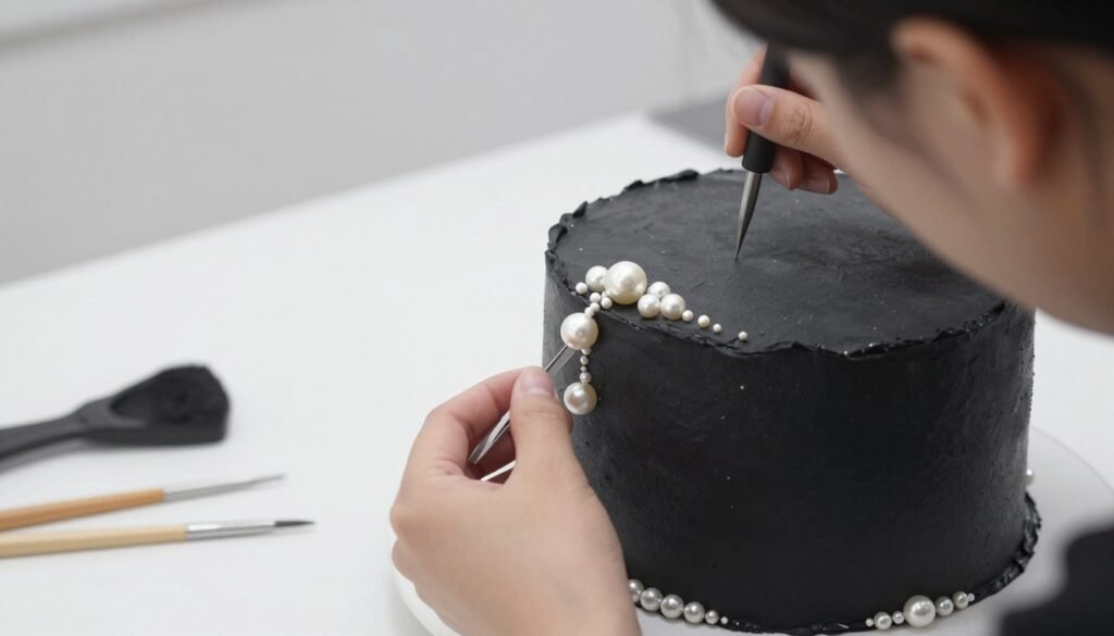 detailed finishing work on black coquette aesthetic cake detailed finishing work on black coquette aesthetic cake