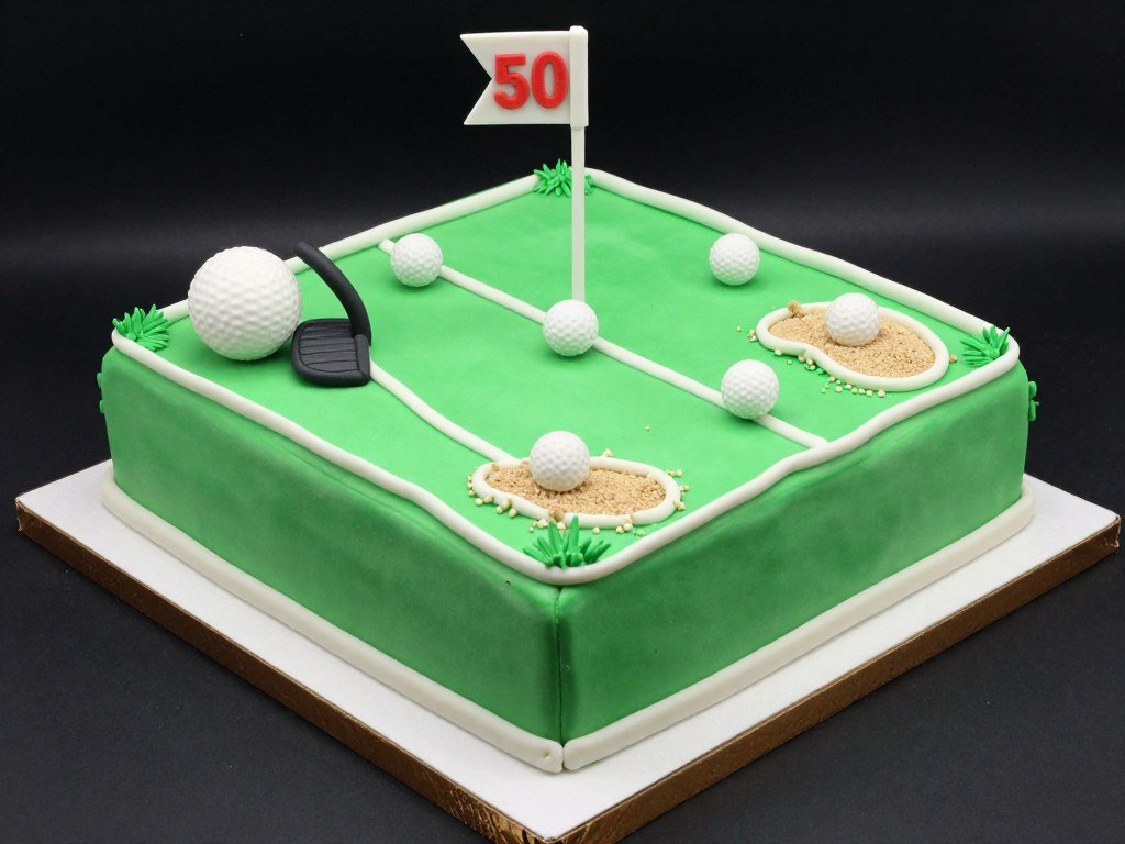 detailed golf course birthday cake with clubs and balls