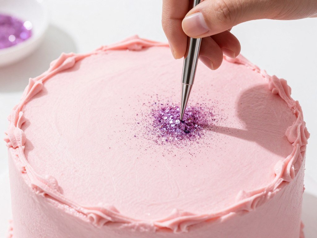 edible glitter application on pink coquette cake