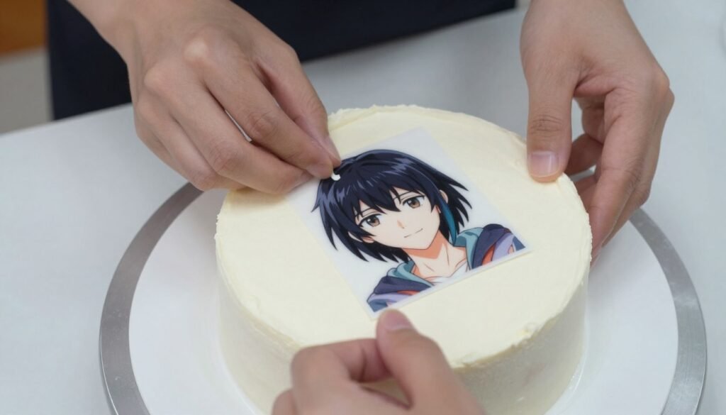 edible printed anime character image being applied to birthday cake edible printed anime character image being applied to birthday cake