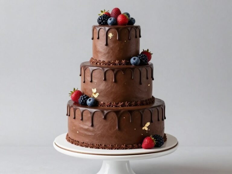 elaborate chocolate birthday cake with multiple tiers and decorative elements
