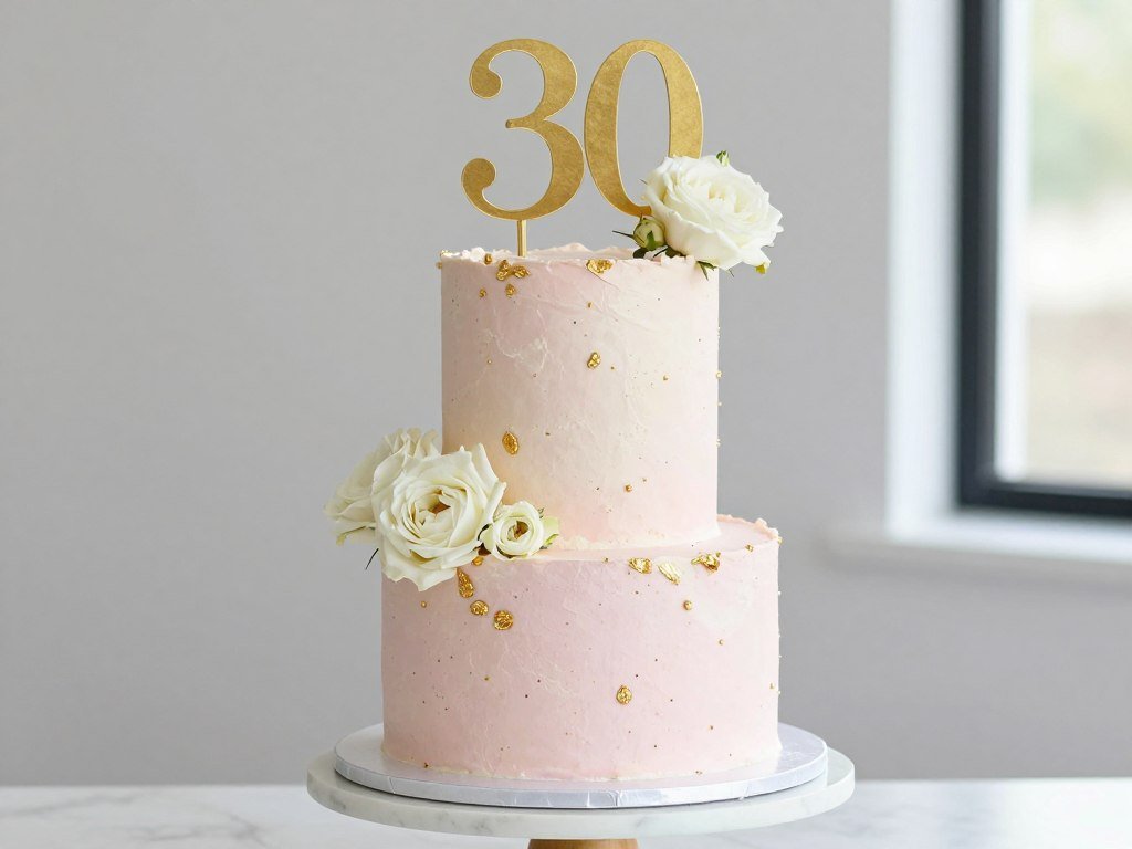 elegant 30th birthday cake for women with gold details and fresh flowers