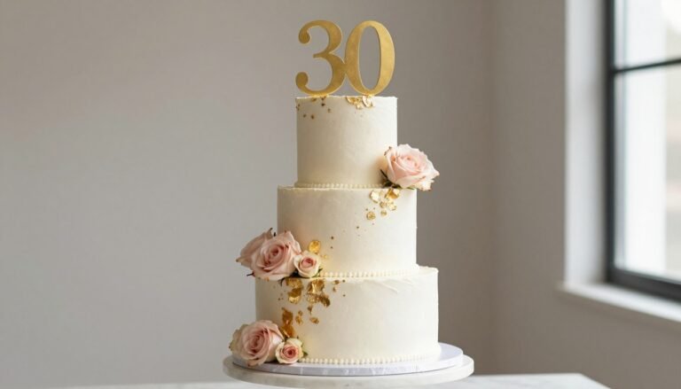 elegant 30th birthday cake with gold decorations and fresh flowers