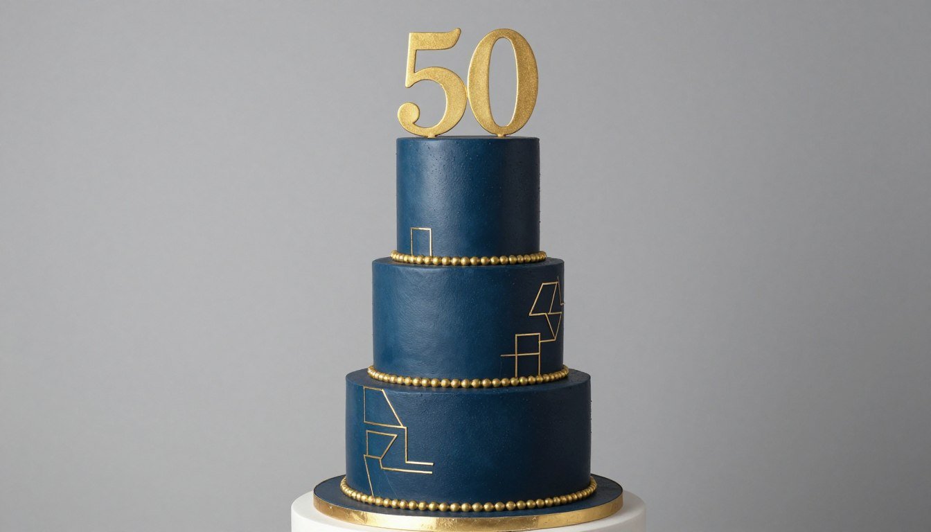elegant 50th birthday cake for men with gold accents and number fifty topper