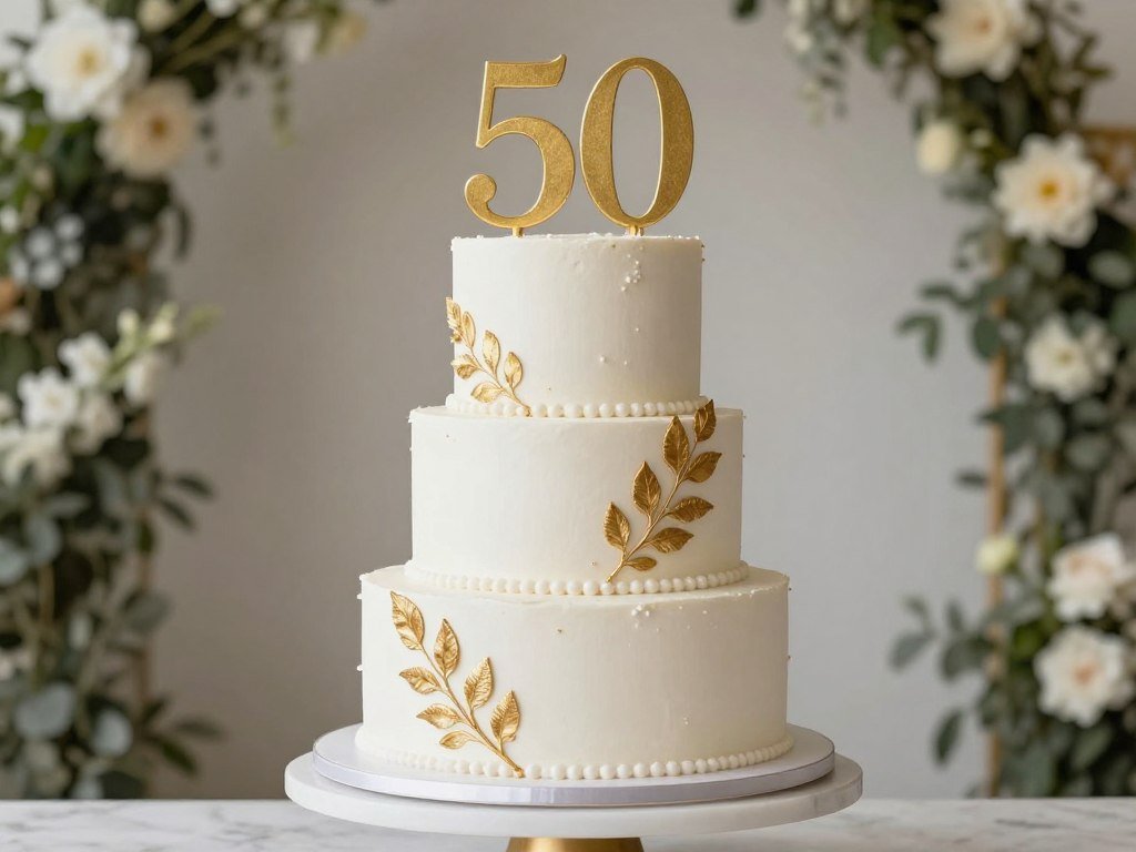 elegant 50th birthday cake for women with gold accents and white buttercream