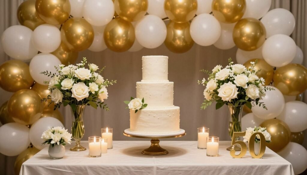 elegant 50th birthday cake table display with coordinated decorations