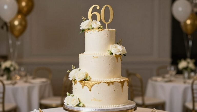 elegant 60th birthday cake ideas for mom with gold decorations and fresh flowers
