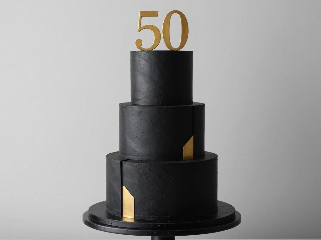 elegant all-black 50th birthday cake with gold accents