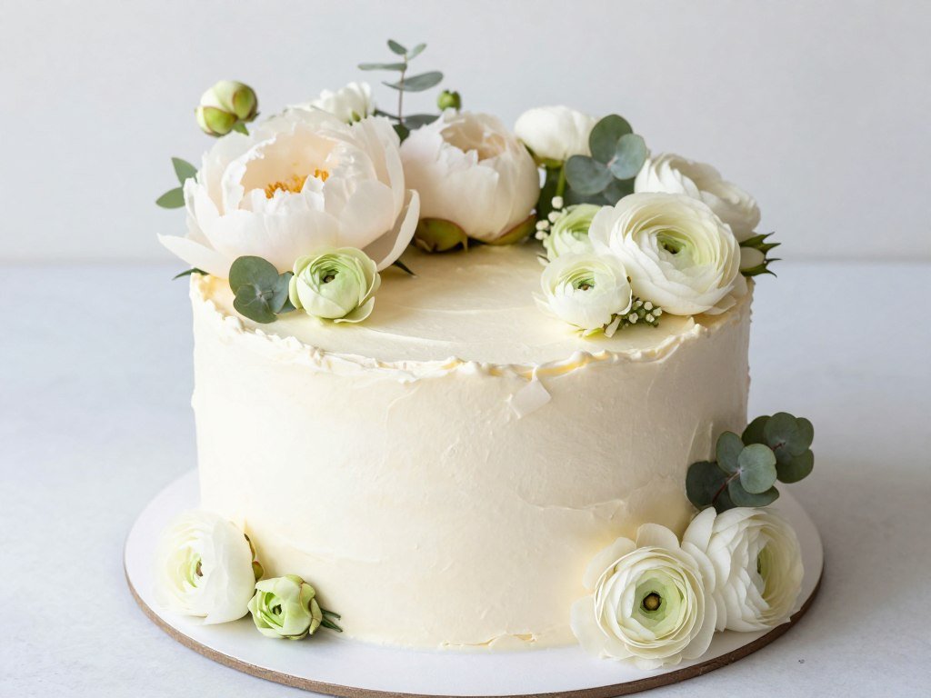 elegant birthday cake with garden-style mixed flower arrangement