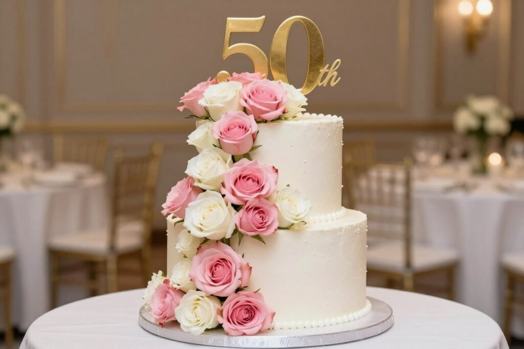 elegant cake with fresh rose arrangement