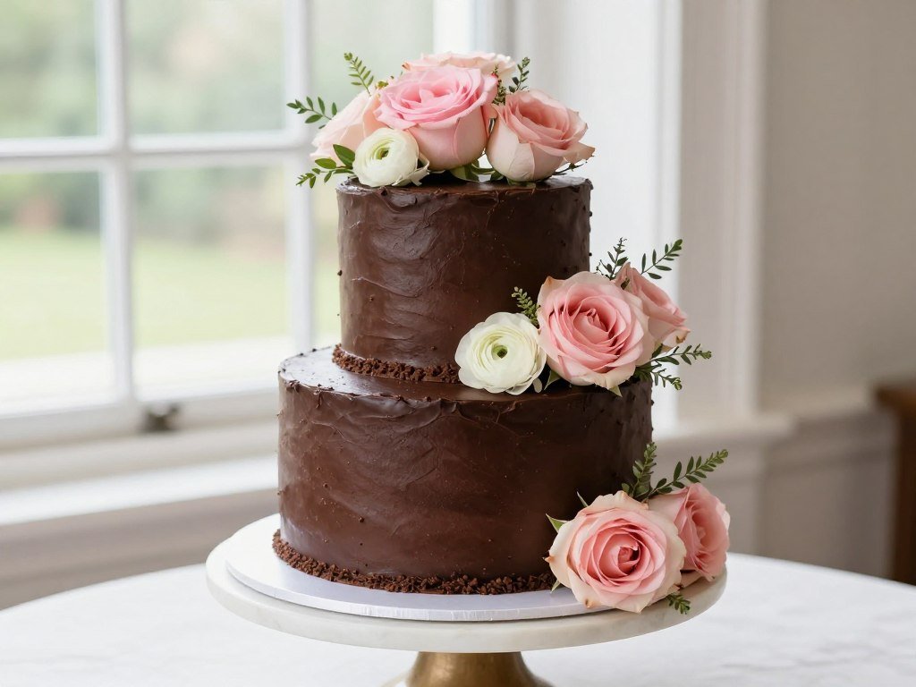 elegant chocolate birthday cake decorated with fresh flowers