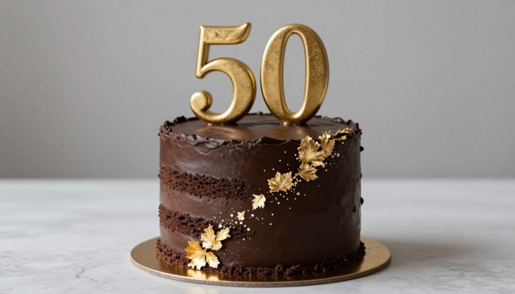 elegant chocolate birthday cake with gold accents